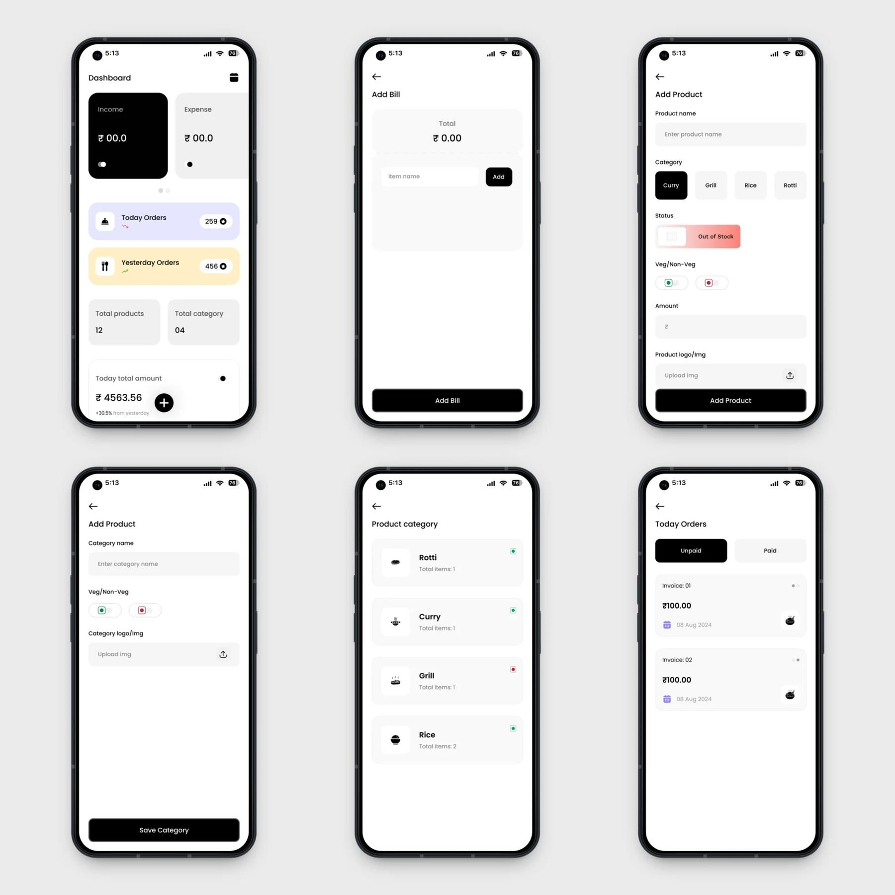Hotel management app screens: dashboard, add bill, add product, add category, product categories and today's orders